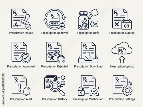 Pharmacy icons set, 12 blue line style symbols for medical prescription management, including issued, renewal, refill, expired, approved, rejected, download, upload, alert, history, verifica