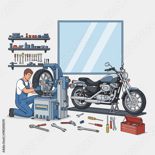 Motorcycle mechanic repairing a tire on a wheel balancing machine in a workshop