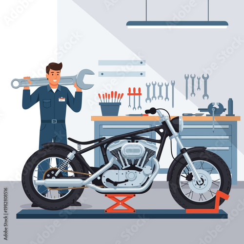 Motorcycle mechanic with wrench working on a custom bike in a workshop