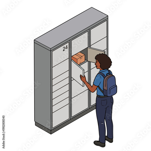Man retrieving package from automated locker in city area