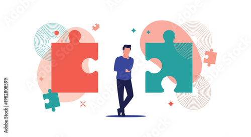 Determined man standing between two giant red and green puzzle pieces and trying to find the perfect connection.