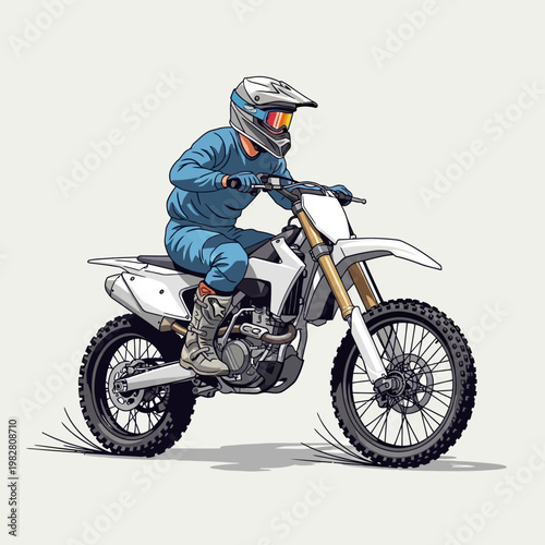 Motocross rider in blue gear on white dirt bike, action shot, dust trail