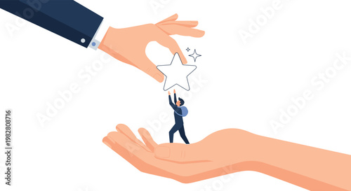 Giant hand reaching down from the corner to pass a shining white star to a small person standing in another hand.