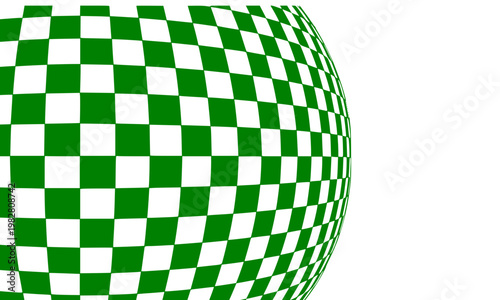 Green and white checkered pattern with 3D spherical bulge distortion effect on white background, perfect for optical illusion, abstract art, and modern graphic design projects