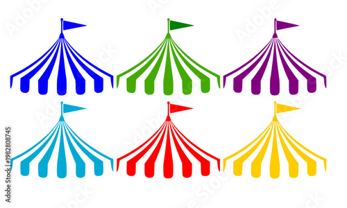 Set of six colorful circus tent icons with striped canopy and flags in blue, green, red, cyan, orange, and yellow, perfect for carnival, festival, fair, and entertainment themed designs