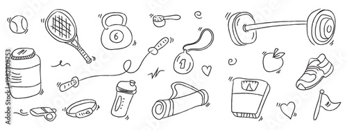 Hand drawn doodle set of fitness gym equipment and healthy lifestyle icons. Creative workout accessories and sports element collection. Vector Illustration