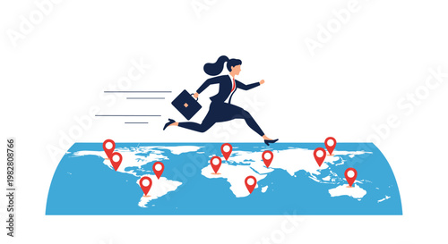 Ambitious businesswoman running across a blue world map with red location pins to signify rapid global expansion.