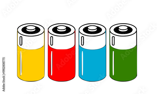 Set of four colorful cartoon AA batteries in yellow, red, blue, and green isolated on white background, perfect for energy, power, technology, and electronics themed designs