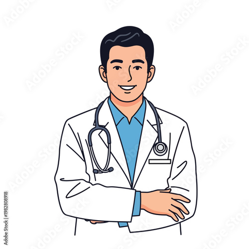 Smiling doctor in white coat with stethoscope.