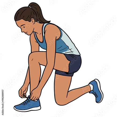 A woman ties her sneakers while kneeling on one knee outdoors.