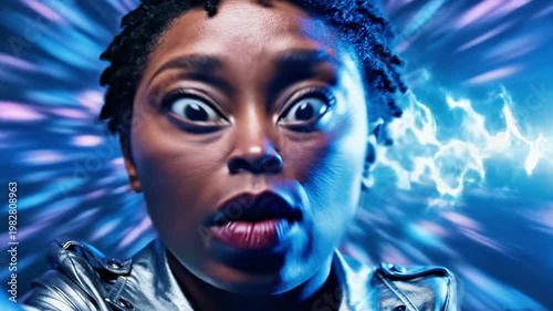 A close-up portrait of a shocked person with a vibrant blue and purple background