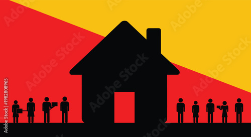 Silhouette of a house with small figures of people standing around it against a bright red and yellow diagonal background.
