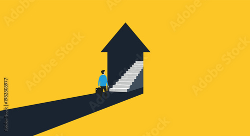 Business person with a briefcase walks along a dark path towards white stairs leading into the silhouette of a house.