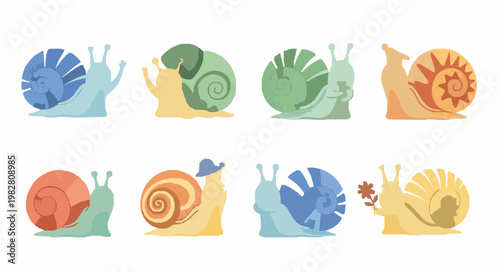 Stylized cute snail cartoon flat vector set EPS10 isolated on white