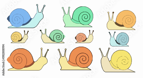 Minimal cute snail cartoon vector illustration set EPS10 isolated