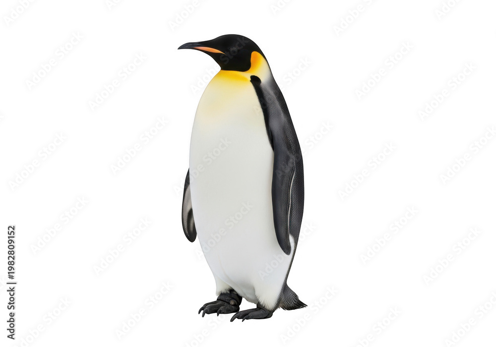 Obraz premium Emperor penguin standing upright with a distinctive orange and yellow neck isolated on transparent background
