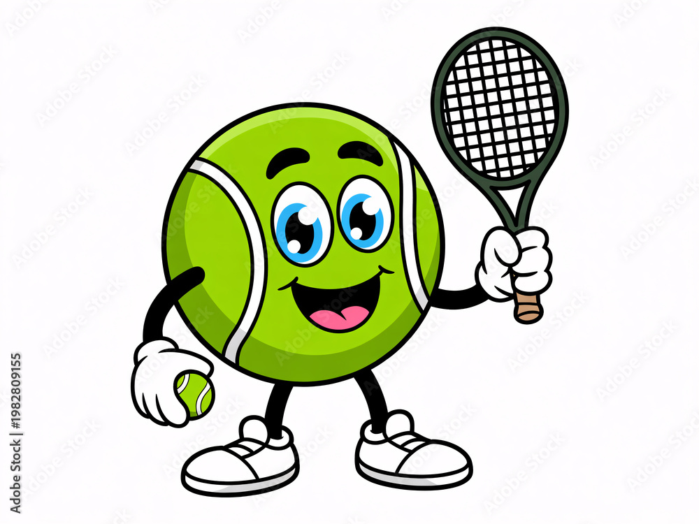 Obraz premium A cartoon tennis ball character holding a racket and smiling with excitement