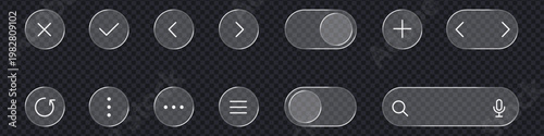 Glassmorphism UI icon set with transparent frosted glass buttons. Minimalist web interface elements including toggles, search bar, and navigation symbols. Vector Illustration.