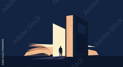 Silhouette of a man standing in a beam of light coming from between two massive open books against a dark blue background.