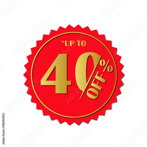 Up to 40% Off Sale Badge – Red Circular Discount Seal Label Design,Red Color Creative Sale Tag Design,transparent background high resolution PNG.