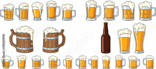 Beer Mugs, Glasses, and Bottles Vector Set Featuring Frothy Beer for Pub, Bar, and Beverage Designs