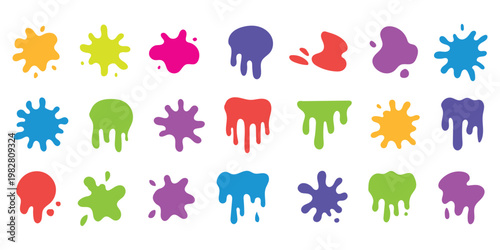 Colorful paint splash and dripping liquid blob collection. Vibrant ink splatter and slime droplets set for creative artistic design. Vector Illustration.