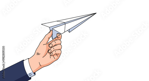 Close-up of a hand in a blue suit sleeve holding a white paper airplane ready to be launched into flight.
