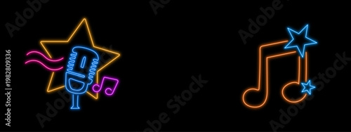 Neon music and entertainment icon set with microphone star and musical notes on black. Vibrant glowing outline symbols for karaoke or concert promotion. Vector Illustration.