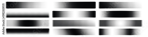 Abstract black halftone dot horizontal bar and line collection. Set of varied linear stipple gradient textures for modern graphic design. Vector Illustration.