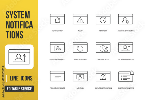 A set of system notification icons for alerts, reminders, updates, and user activity messages in web and mobile interfaces, created in line style with editable stroke
