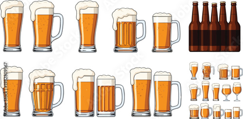 Beer Glasses and Bottles Vector Set Featuring Different Beer Levels for Drink, Bar, and Beverage Designs