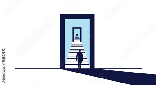 Silhouette of a person walking through a sequence of doors and up stairs towards a distant figure against light blue.