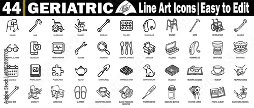 Elderly support line art icons. Collection showing geriatric living aids, medical equipment, senior leisure activities, and home safety solutions for the aging vector illustration.