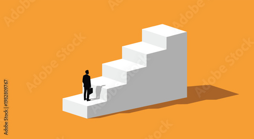 Silhouette of a businessman with a briefcase standing at the base of a massive white staircase against an orange background.