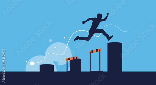 Silhouette of an athlete or businessman jumping over hurdles placed on rising bar graph pillars on a blue background.