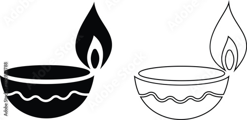 Diya lamp icon set collection group, traditional oil light, candle flame, festival diya, decorative lamp symbols in black flat and line style vector, celebration lighting icons pack