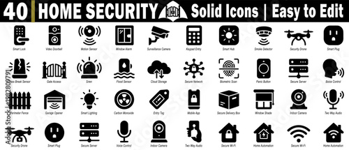 Home security solid icons set. Includes smart lock video doorbell, motion sensor, window alarm, surveillance camera, keypad entry, and more vector illustrations.