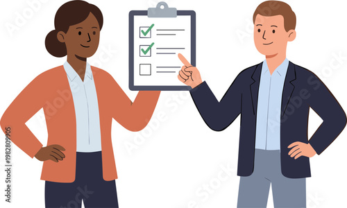 Two business professionals discussing a checklist on a clipboard together indoors