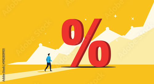 Small silhouette of a businessman walking towards a massive red percentage symbol against a background of mountains and stars.