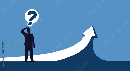Silhouette of a businessman scratching his head while looking at a large upward arrow with a question mark over his head.