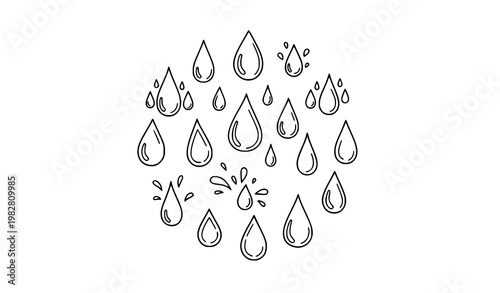Hand drawn water drop doodle vector set with simple droplet icons in black and white