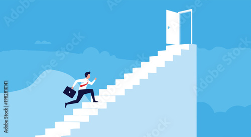 Silhouette of a businessman with a briefcase running up a white staircase towards a bright open door in a blue sky.