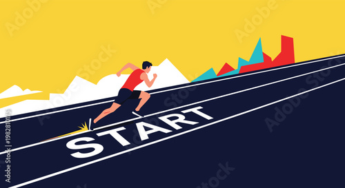 Athlete in a red shirt and black shorts starting a race on a track labeled START with a colorful line graph background.