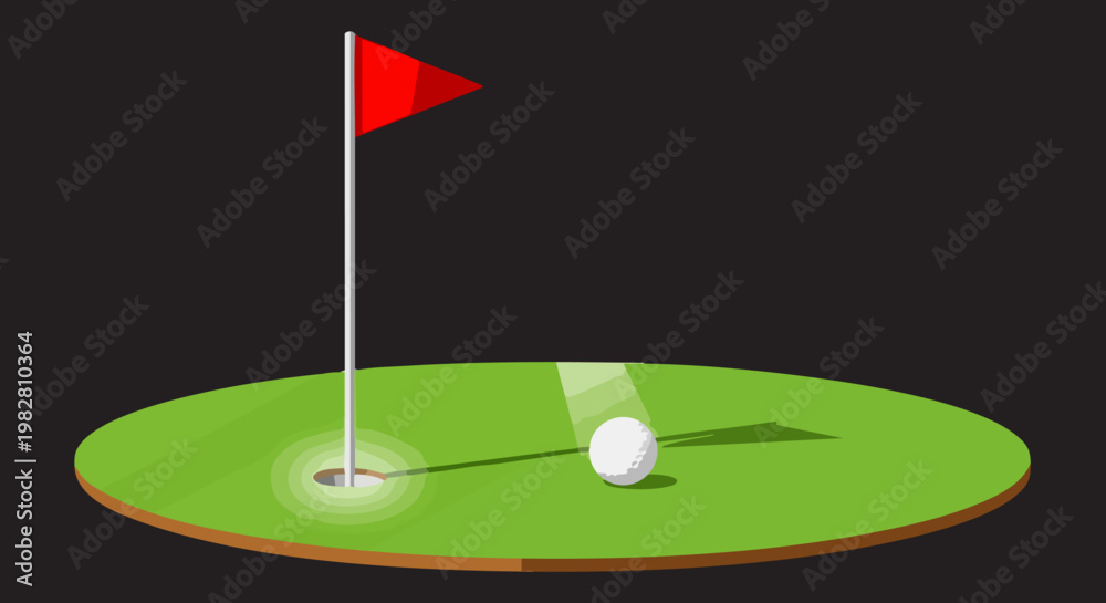 Fototapeta premium Minimalist golf course vector illustration, white golf ball on green putting grass, red flag in hole cup on black background
