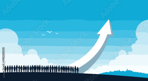 Large group of people standing as silhouettes looking up at a massive white arrow soaring into a blue cloudy sky.