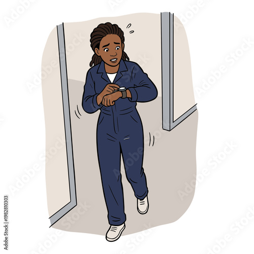 A woman in a blue jumpsuit rushes down a hallway looking worried at her watch.