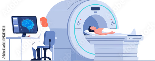 Medical MRI brain scan procedure with patient and doctor, magnetic resonance imaging diagnostic machine vector, hospital radiology department illustration