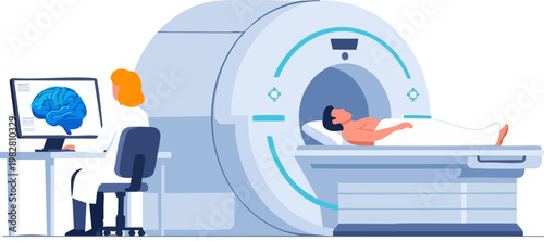 Medical MRI scan procedure vector illustration, patient undergoing brain magnetic resonance imaging, doctor monitoring diagnostic radiology results