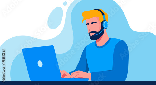 Flat vector illustration of a male customer service representative with headset, call center agent working on laptop, technical support specialist
