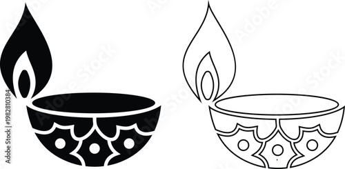 Diya lamp icon set collection group, traditional oil light, candle flame, festival diya, decorative lamp symbols in black flat and line style vector, celebration lighting icons pack